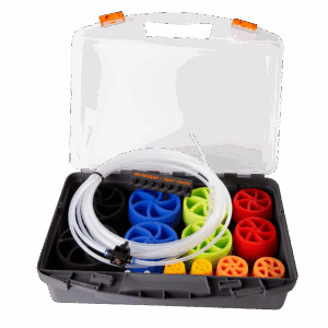 Set of 14 colored double plugs in a robust plastic case, for pipe ID from 9 to 110 mm (0.35 to 4.33”)